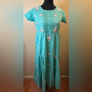 Turquoise Floral Maxi Dress with Pintuck Front